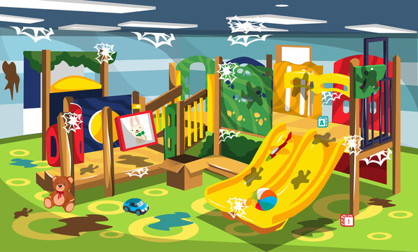 Dirty Playground with Kids Slide and Swing Set Toys, Climbers and Rabbit Picture for Vector Interior Design Ideas