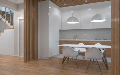 Modern interior kitchen living room. 3D-visualization