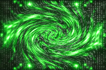 Green matrix digital background. Distorted cyberspace concept. Characters fall down in wormhole....