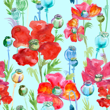 pattern with red poppies painted in watercolor on a turquoise background