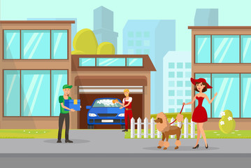 Pet Owner and Delivery Boy Vector Illustration