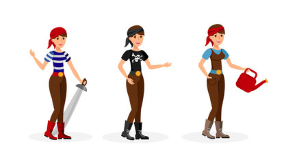 Female Flat Cartoon Characters Set, Collection