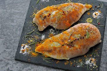 Chicken fillets marinated with curry and spices. Chicken meat for shawarma. Middle Eastern cuisine.