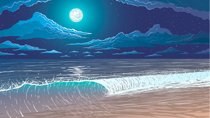 vector illustration. ocean shore at night © evgenii141