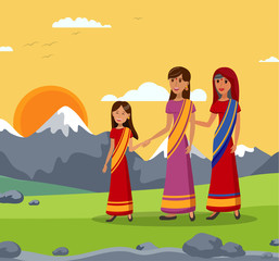 Obraz na płótnie Canvas Girl with Mom and Gran, Indian Family Illustration