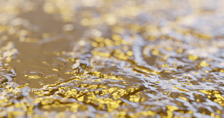 Abstract gold liquid with reflections. Golden wave and ripple background. Lava, caramel, amber, honey, oil texture. 3D render