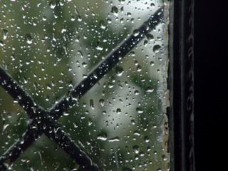 Rain Drops on Window in Cloudy Day, close up of raindrops with blurred background