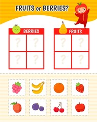 Educational game for children with pictures. Kids activity sheet. Fruits or berries?  Cartoon illustration of cute girl in apple costume.