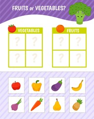 Educational game for children with pictures. Kids activity sheet. Fruits or vegetables?  Cartoon illustration of fruits and vegetables.