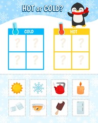 Educational game for children with pictures. Kids activity sheet. Hot or cold? Cartoon illustration of cute penguin.