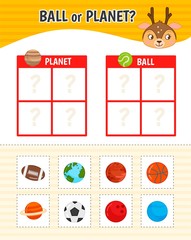 Educational game for children with pictures. Kids activity sheet. Ball or planet? Cartoon illustration of cute deer.