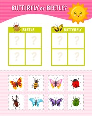 Educational game for children with pictures. Kids activity sheet. Butterfly or beetle? Cartoon illustration of insects