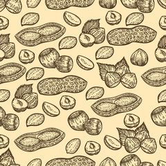 Seamless pattern of hazelnut and peanuts in the engraving style.