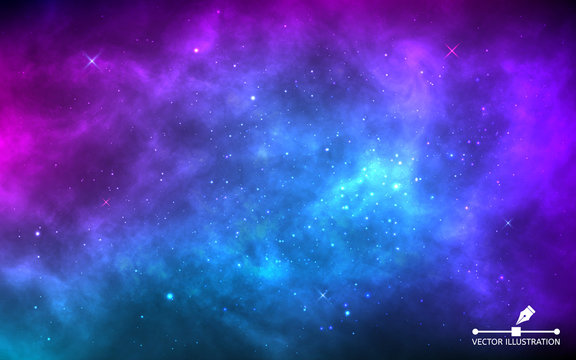 Space background with stardust and shining stars. Realistic colorful cosmos with nebula and milky way. Blue galaxy backdrop. Beautiful outer space. Infinite universe. Vector illustration