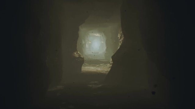 Ancient huge fantasy cave filled with ancient artifacts and magical fog with fireflies. Looped realistic animation.