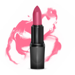 Lipstick in bright pink color in the realistic style against a abstract background, vector illustration