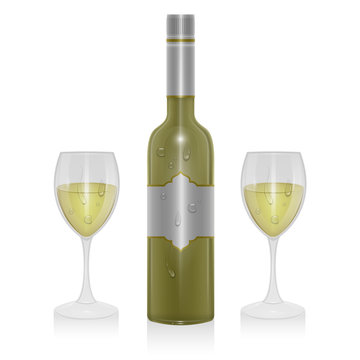 Bottle of light wine and a glass of light wine isolated on white background, Vector illustration in realistic style