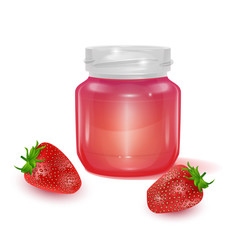 Glass jar with Strawberry jam on light background, Label for jam. Mockup for your brand realistic vector EPS 10 illustration