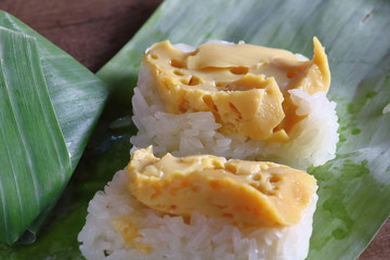 Sticky rice with steamed custard in thai food