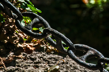 Thick iron black chain links fence closeup as a decorative element in park garden