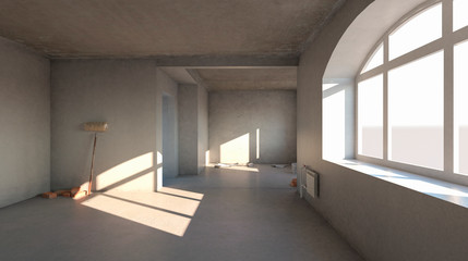 empty room before renovation. 3D render