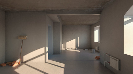 empty room before renovation. 3D render
