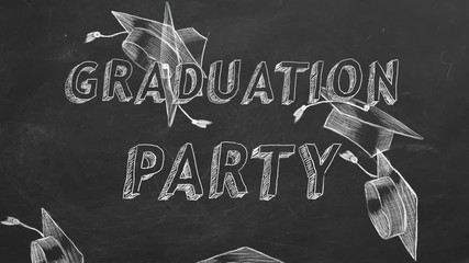 Hand drawing text "Graduation party" and graduation caps on blackboard.