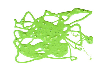Randomly spilled green slime isolated on white background. Flat lay.