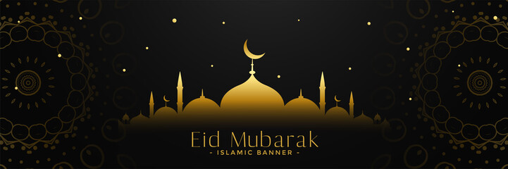 glowing golden mosque decorative eid mubarak banner