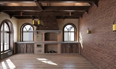 The interior of the kitchen in a rustic style. 3d render