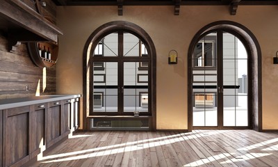 The interior of the kitchen in a rustic style. 3d render