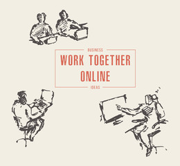 Group people work together online laptop vecto