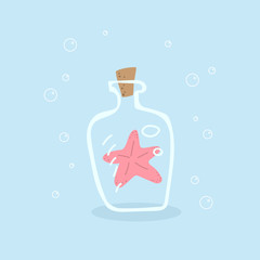 Empty bottles with sea element inside – starfish. Great for children's design and not only