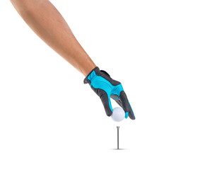 Hand holding golf ball with tee isolated on white background with space for text