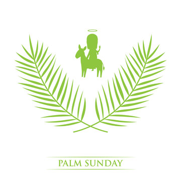 palm sunday - silhouette of palm leaves and holy person riding a donkey