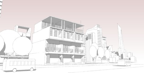 Panorama cityscape Sketch. Architecture sketch - 3D Illustration.