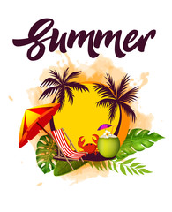 Naklejka premium Beach accessories. Summer tropic travel background design. - Vector