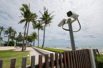 Closed circuit camera in lawn with wooden fence.
