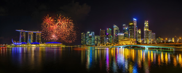 Fireworks show celebrating the Chinese new year in the bay area in SIngapore.