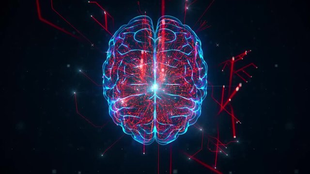 AI Creation Artificial intelligence brain comes to life forming birth red blue digital brain, big data deep learning computer machine. Futuristic quantum computing abstract background