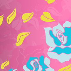 colored beautiful roses and petals on a pink background