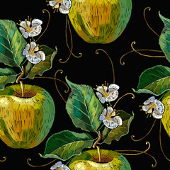 Embroidery apples and flowers seamless pattern. Fashion template for clothes, textiles and t-shirt design. Spring blossoming apple-tree