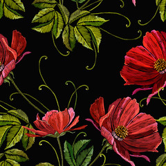 Embroidery red peonies flowers seamless pattern. Summer art. Fashion template for clothes, textiles and t-shirt design