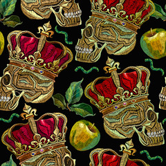 Embroidery golden crown, human skull and green apples seamless pattern. Fashion template for clothes, textiles, t-shirt design