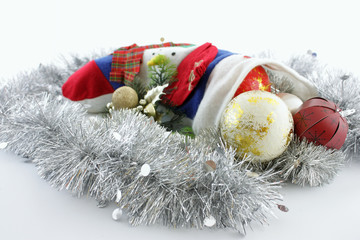 Christmas Stocking with christmas balls and decorations on white background