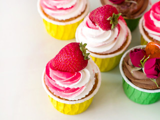 Dessert. Delicious cupcake on the table. View from above