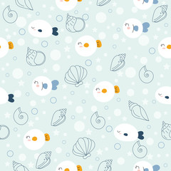 vector pattern of fish and shellfish in the style of doodle.