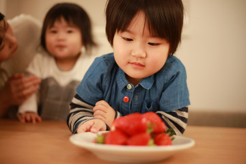 イチゴを食べる子供たち