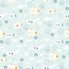 vector pattern of fish and shellfish in the style of doodle.