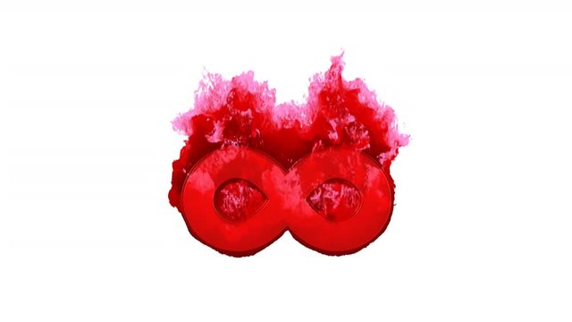 Symbol infinity inflames with dark fire, then burns. In - Out loop. Alpha channel Premultiplied - Matted with color white